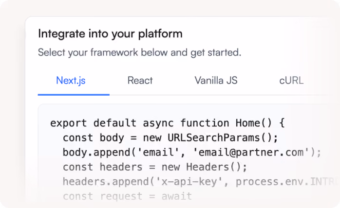 Code snippet showing integration options with Next.js, React, Vanilla JS, and cURL frameworks.