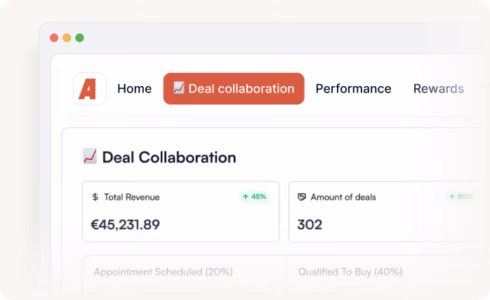 Dashboard showing deal collaboration with total revenue €45,231.89 and 302 deals amount.