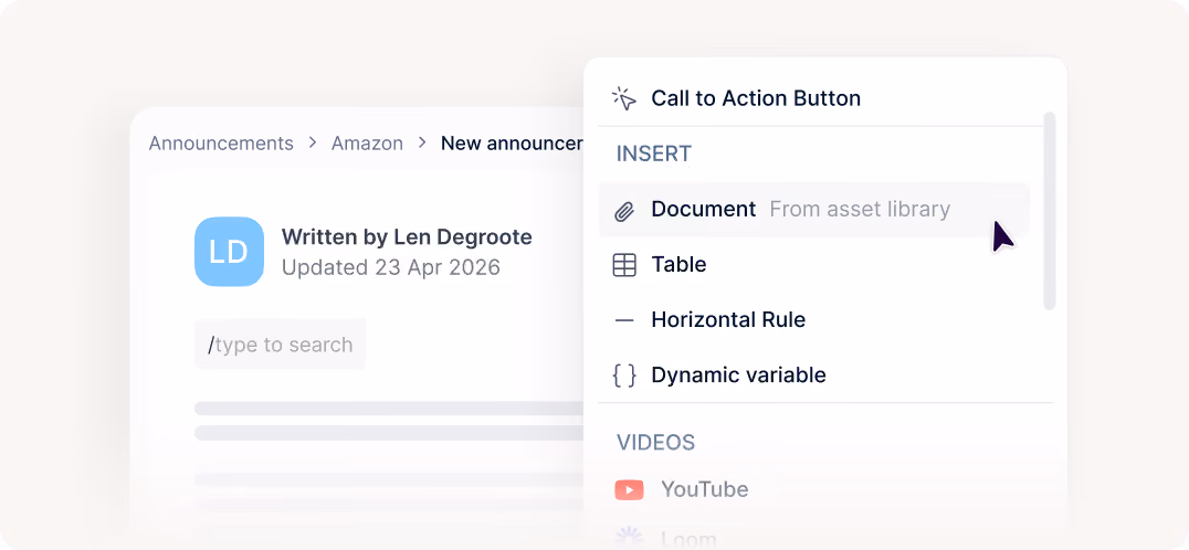User interface showing a content editor with options to insert a document, table, or dynamic variable.