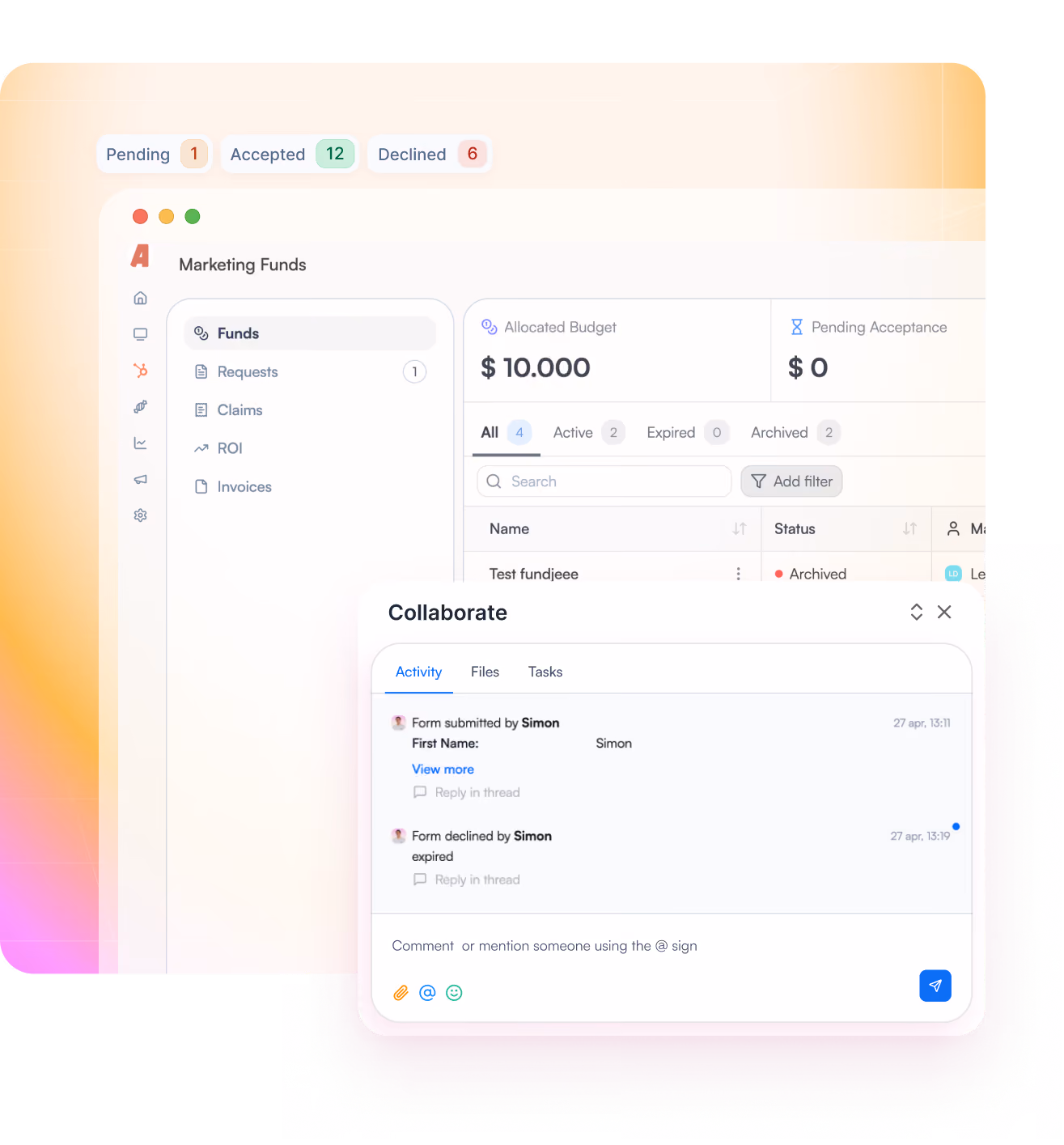 Dashboard showing marketing funds status with pending, accepted, declined counts and collaboration activity with Simon.