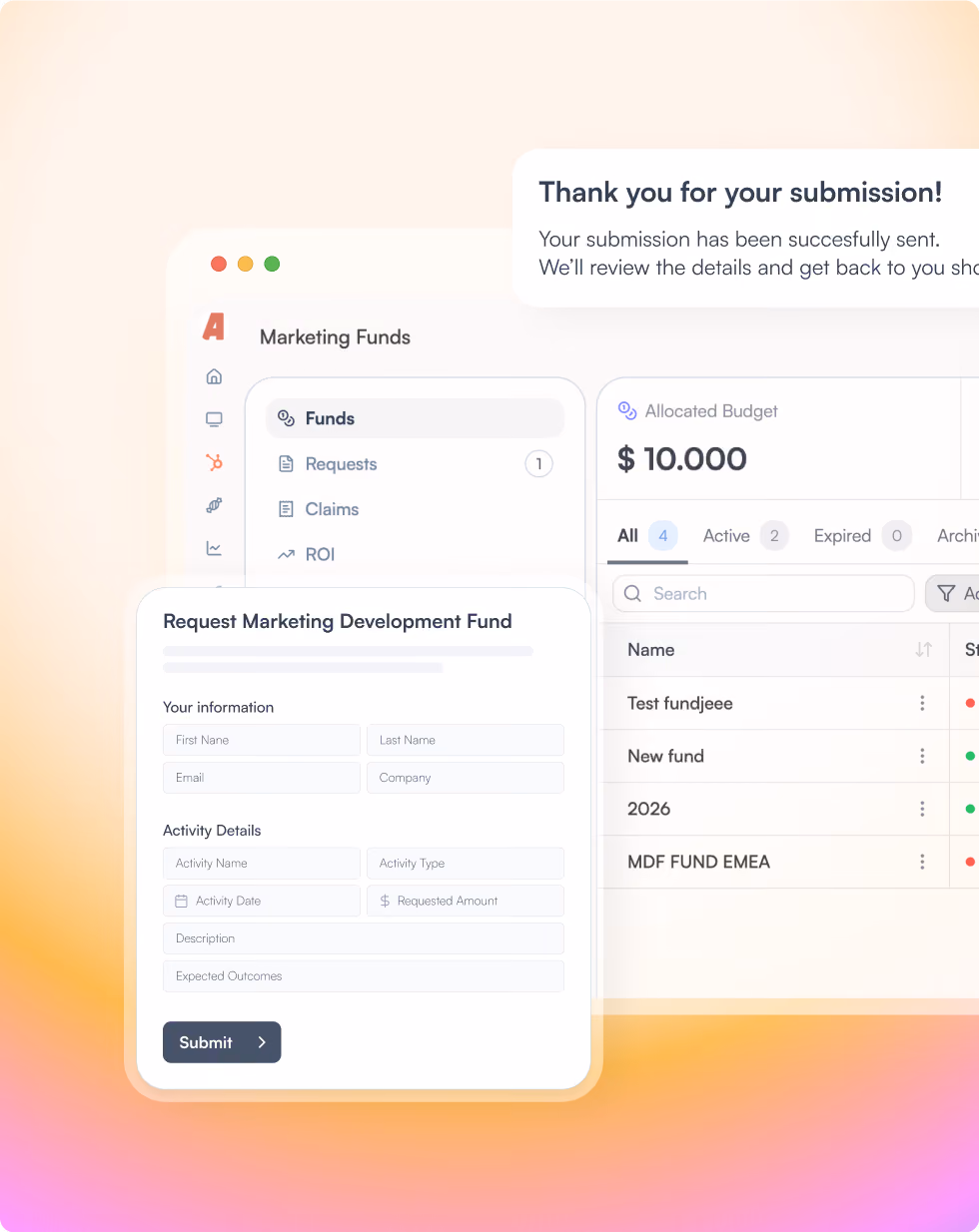 Marketing funds dashboard with request form and confirmation message of successful submission.