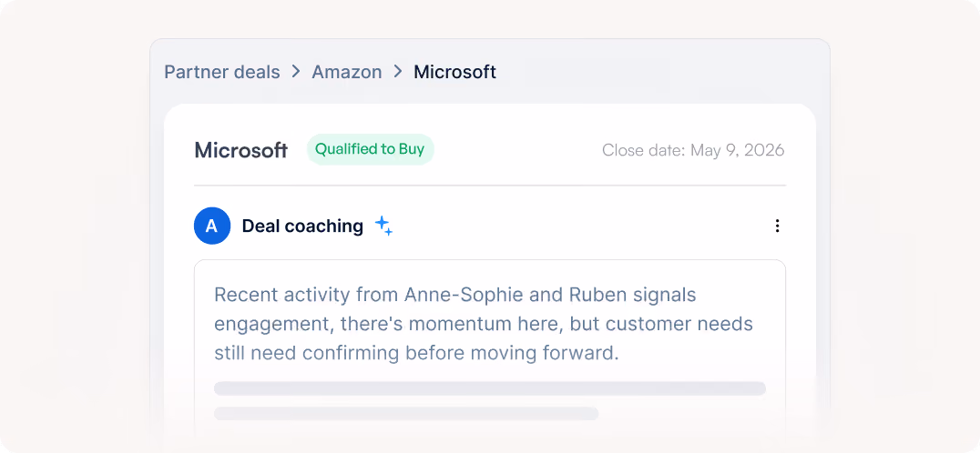 Dashboard showing Microsoft deal coaching with status Qualified to Buy and notes on customer engagement and needs.
