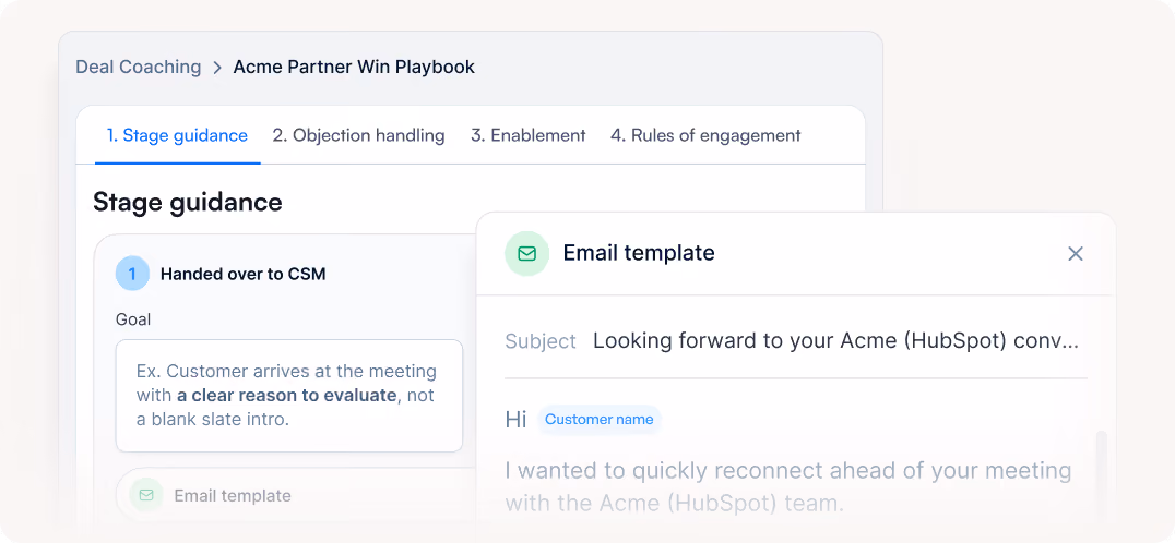 Screenshot of a sales tool showing stage guidance tabs and an email template for customer meeting follow-up.