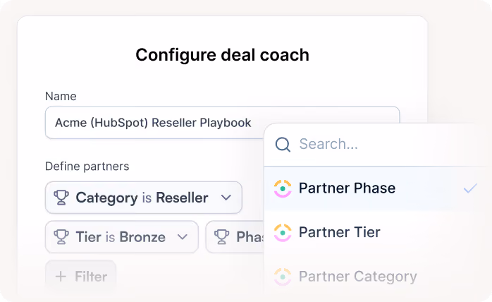 Configure deal coach panel showing a playbook named Acme Reseller with partner filters for category and tier.