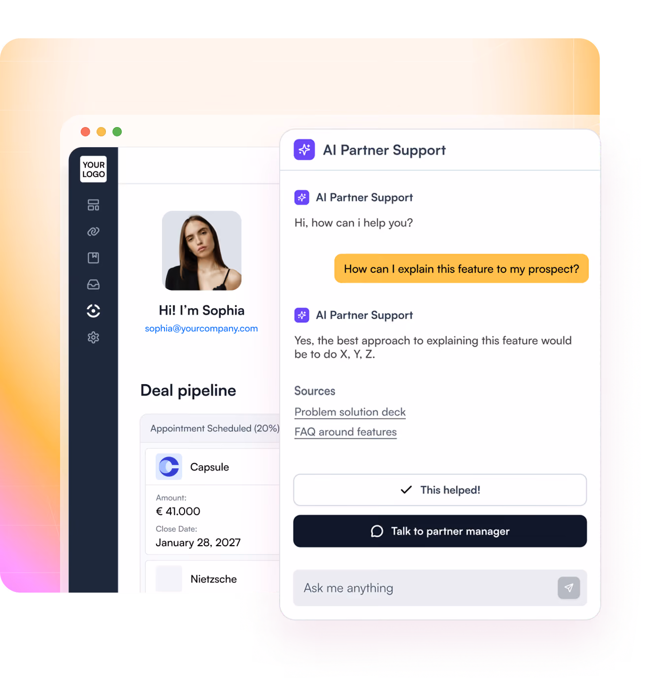 Screen showing AI Partner Support chat helping explain a feature with sources and deal pipeline details.