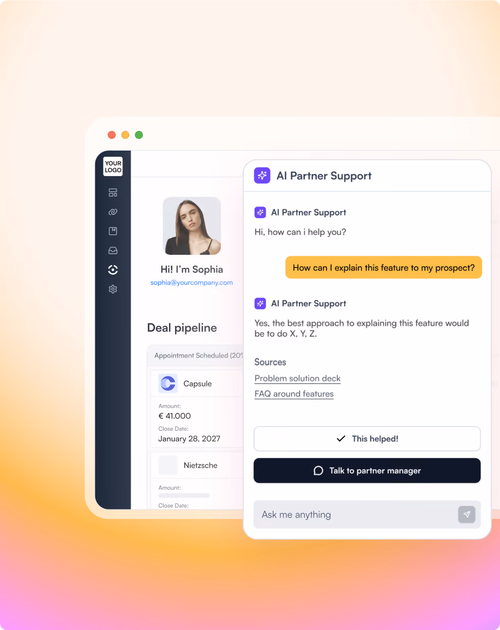 Dashboard with AI Partner Support chat helping explain features and showing deal pipeline details.