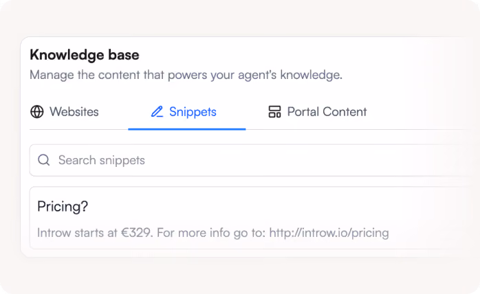 Knowledge base interface showing tabs for Websites, Snippets, and Portal Content with a snippet about pricing.