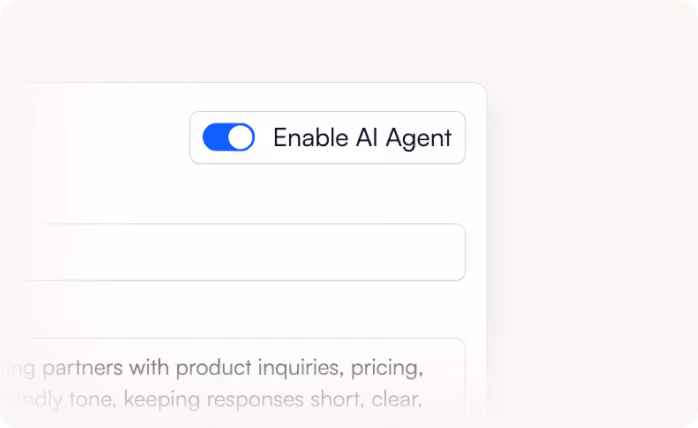 Toggle switch enabled with label 'Enable AI Agent' on a light interface background.