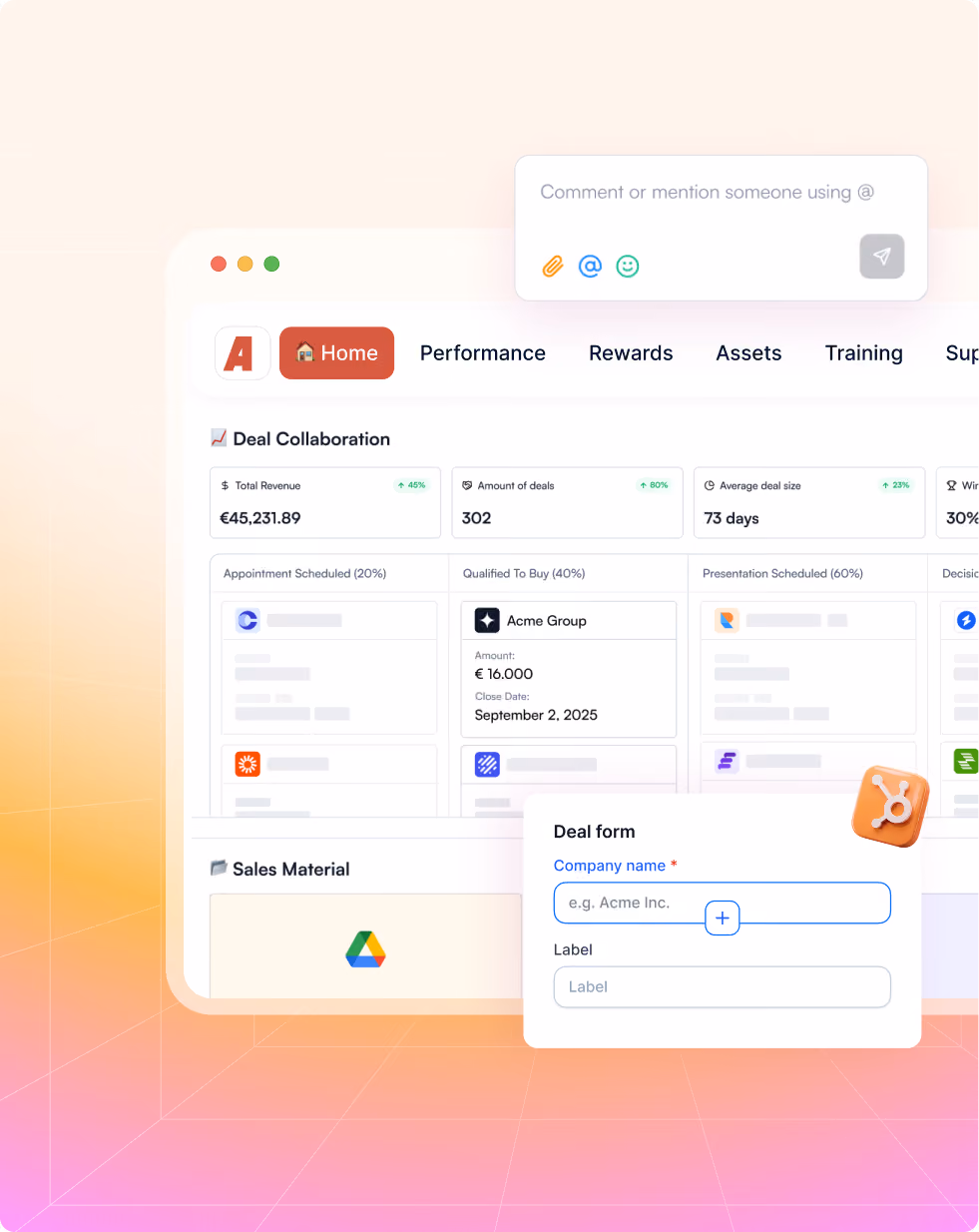 Dashboard showing deal collaboration stats, scheduled appointments, and a deal form for company details.