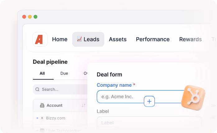 CRM screen showing deal pipeline, menu with Home, Leads, Assets, and a Deal form to enter company name.