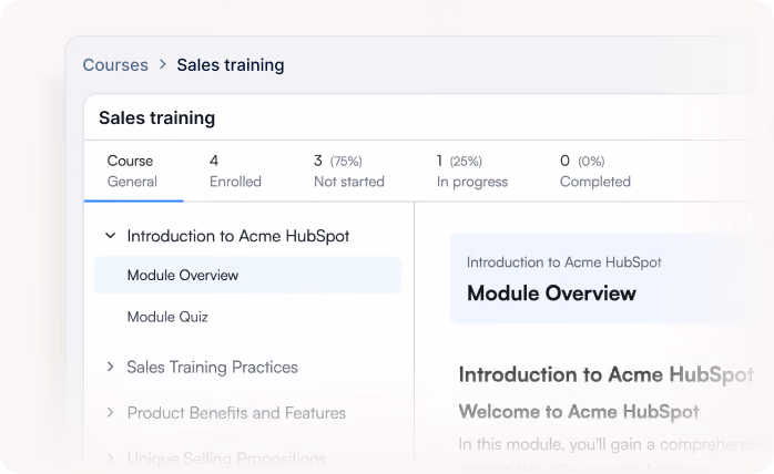 Sales training course dashboard showing enrollment status and module overview for Acme HubSpot.