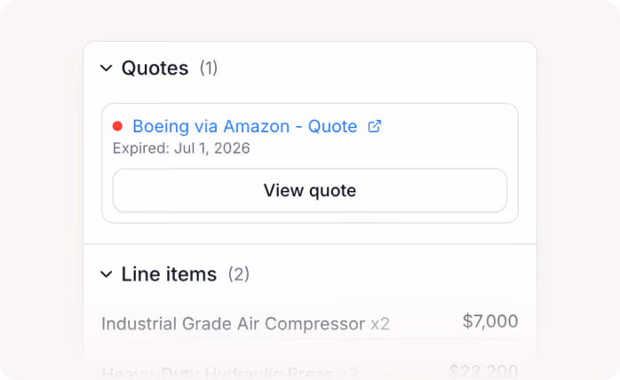 User interface showing an expired Boeing quote from Amazon and industrial air compressor line items.