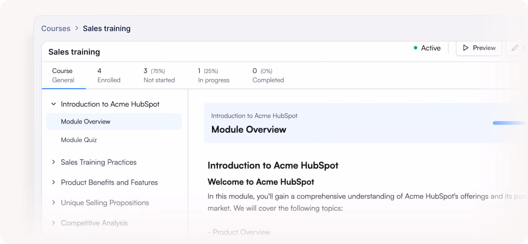 Sales training dashboard showing course status and module overview for Introduction to Acme HubSpot.