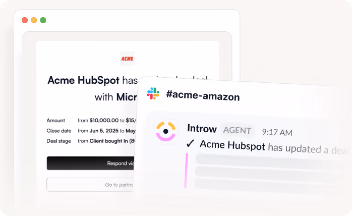 Screenshot showing an automated status update from Acme HubSpot in a messaging app channel #acme-amazon.