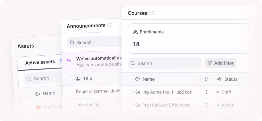 Screen showing dashboard panels for Assets, Announcements, and Courses with search and status filters.