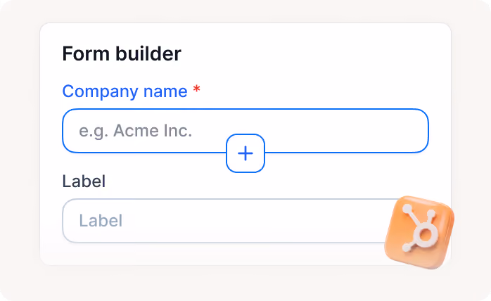 Form builder interface with fields for company name and label, plus a plus sign button.