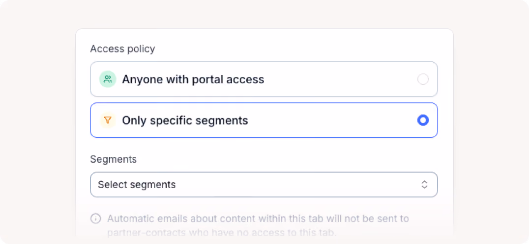 Access policy options: Anyone with portal access or only specific segments with a segment selection dropdown.