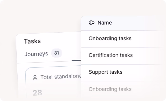 Dropdown menu showing task categories: Onboarding, Certification, and Support tasks.