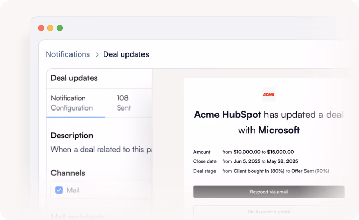 Screen showing Acme HubSpot update on a deal with Microsoft, including amount, dates, and deal stage.