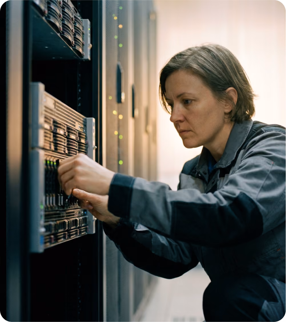 Woman technician working on network servers in a data center with focused expression.