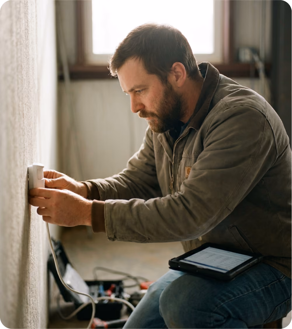 Man in a jacket kneels installing or fixing a wall outlet with a tablet on his knee.