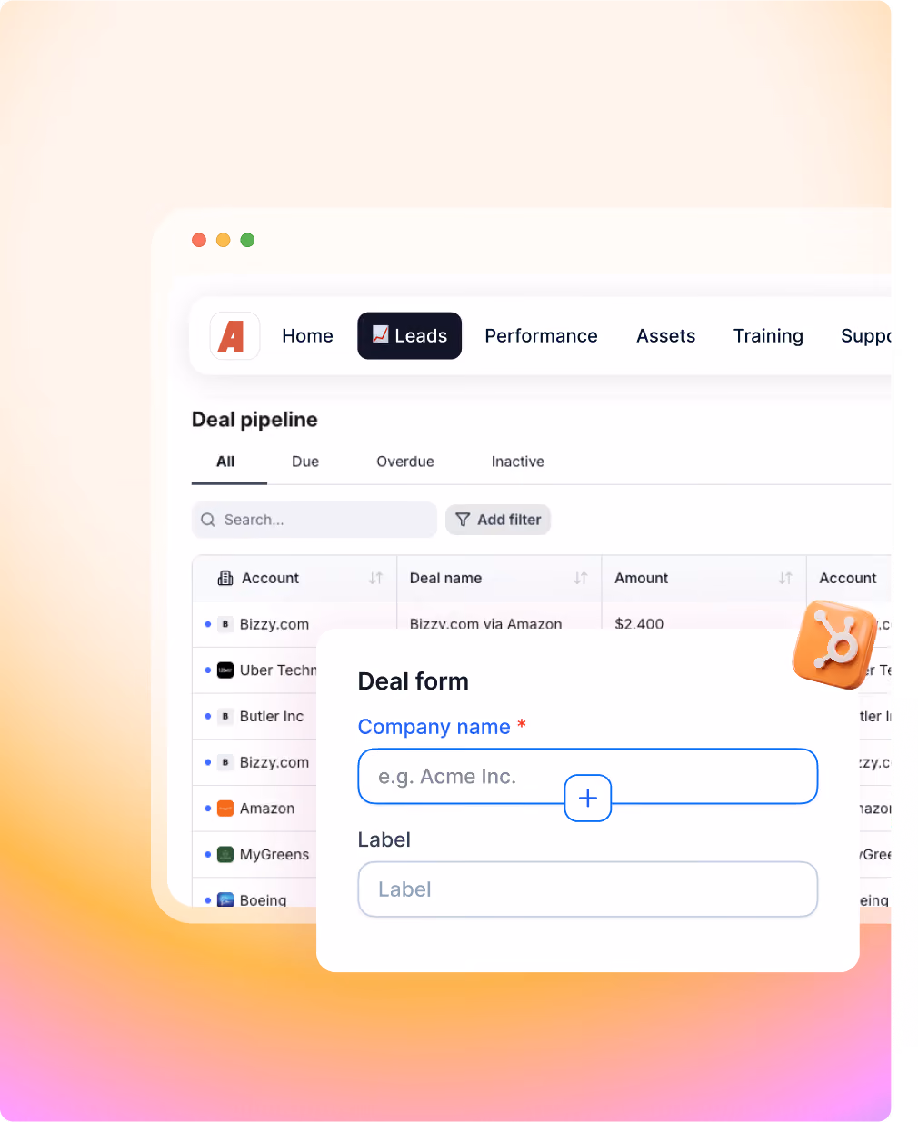 User interface showing deal pipeline with leads tab and a deal form for company name and label input.