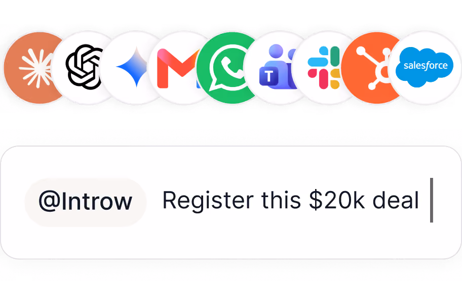 App icons including Slack, WhatsApp, Gmail, and Salesforce above a prompt reading '@Introw Register this $20k deal'.