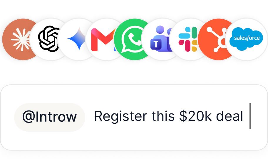 App icons including Slack, WhatsApp, Gmail, and Salesforce above a prompt reading '@Introw Register this $20k deal'.