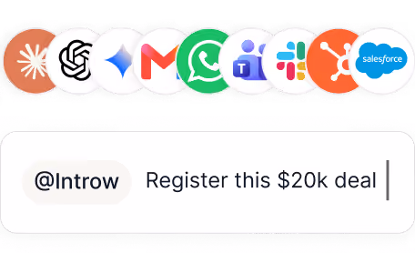 App icons including Slack, WhatsApp, Gmail, and Salesforce above a prompt reading '@Introw Register this $20k deal'.