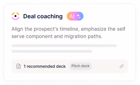 Deal coaching card with AI badge, advice text, and 1 recommended pitch deck link.