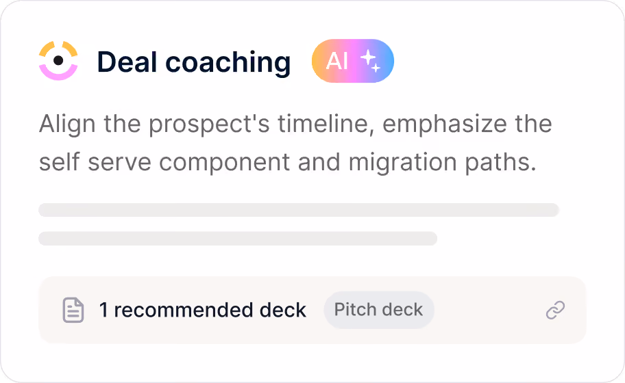 Deal coaching card with AI badge, advice text, and 1 recommended pitch deck link.