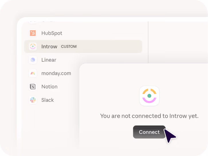 Software interface showing integrations list with Introw selected and a prompt to connect to Introw.