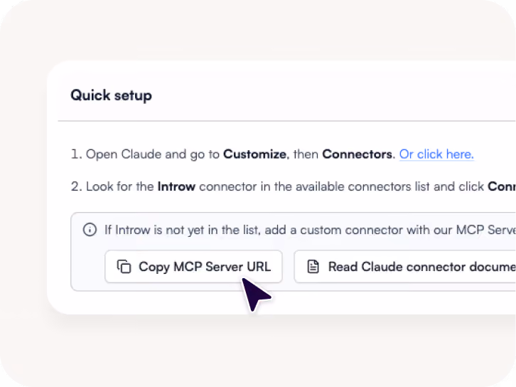 Quick setup instructions to customize Claude with Introw connector and buttons to copy URL or read docs.