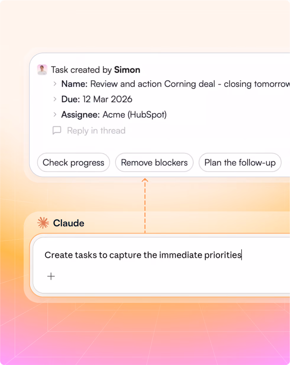 Task by Simon to review Corning deal, due 12 Mar 2026, assigned to Acme with progress and follow-up options.