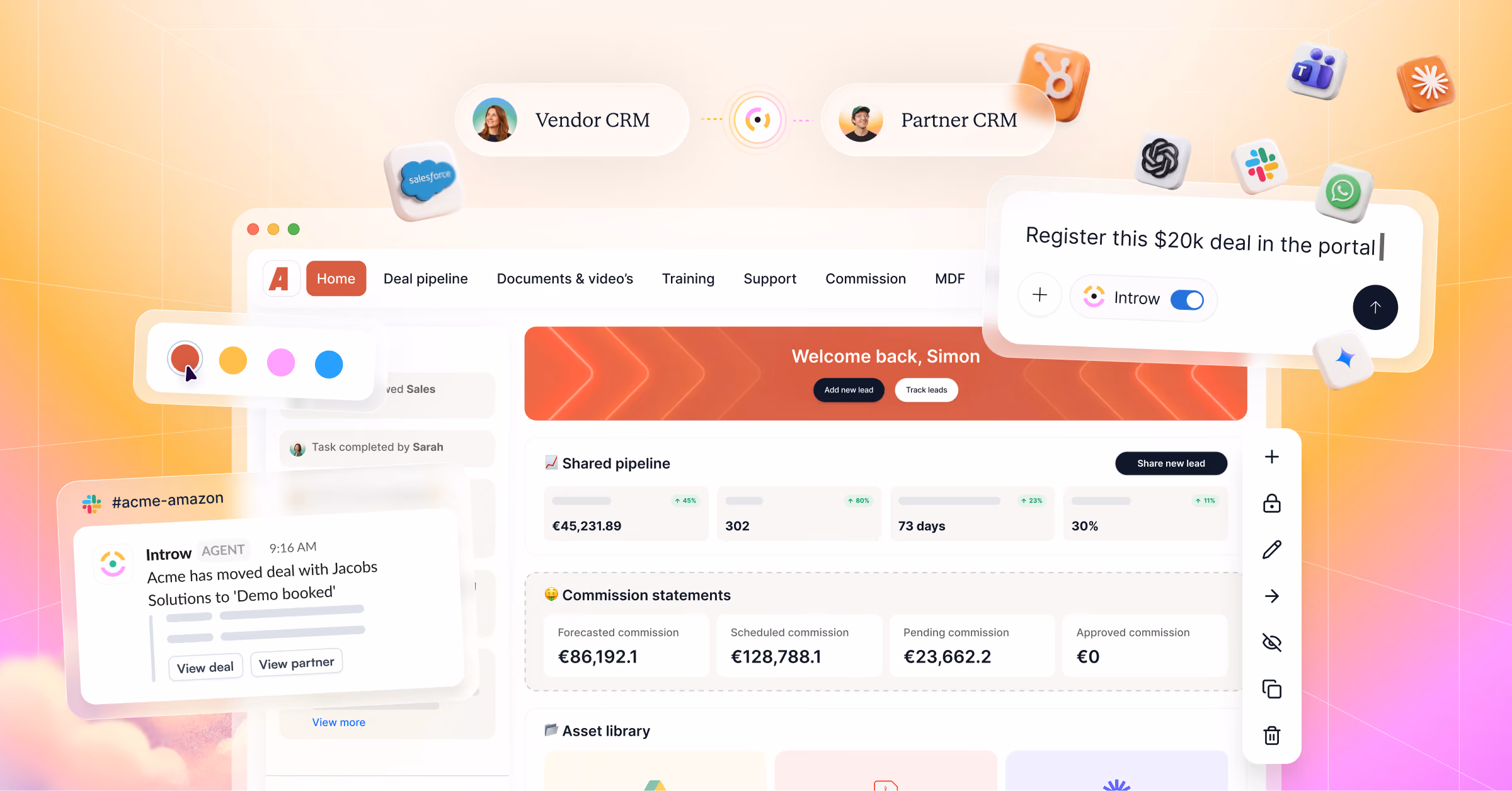 Dashboard UI showing CRM deal pipeline, commission stats, chat message, and deal registration prompt.
