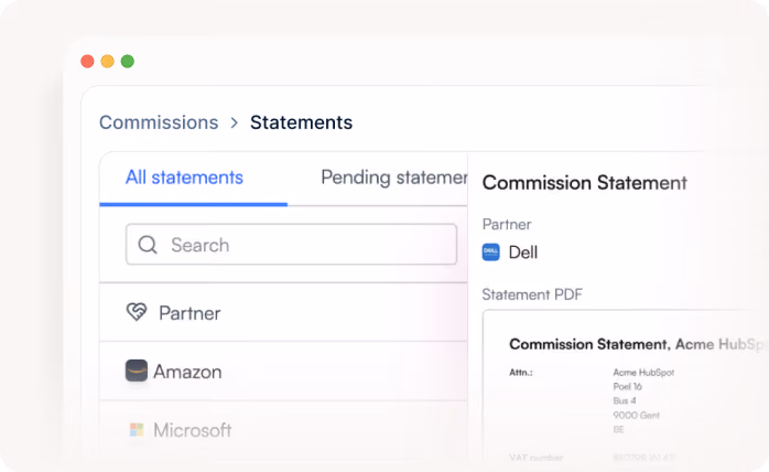 Dashboard screen showing commission statements with partners Amazon and Dell, including a search bar and PDF preview.