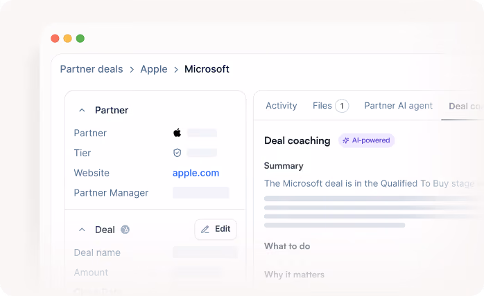 User interface showing Microsoft deal coaching with partner details for Apple and summary in a CRM system.