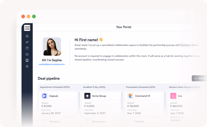 Dashboard of a partner portal showing user info, greeting, deal pipeline with scheduled appointments and buyers.