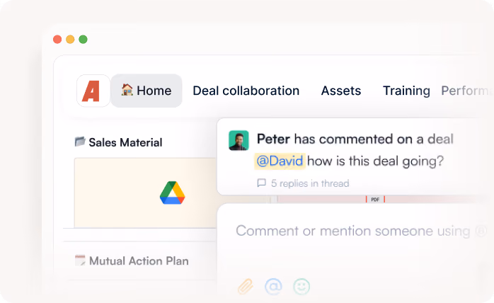 User Peter commented on a deal asking @David how it is going in a business software interface.