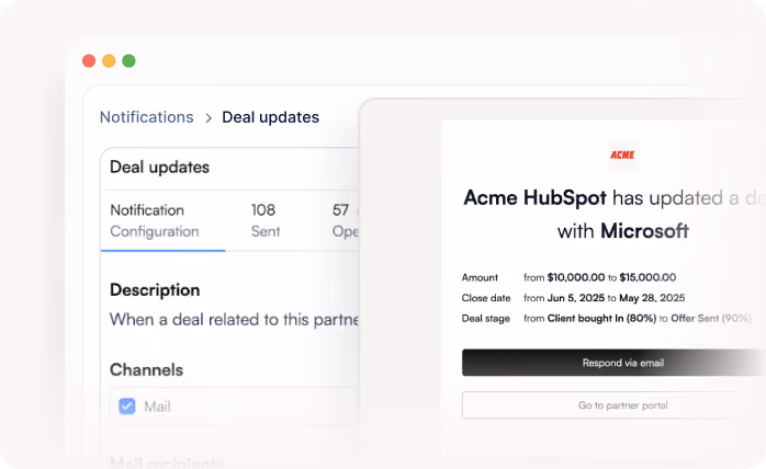 Notification screen showing deal updates and details of Acme HubSpot's updated deal with Microsoft.