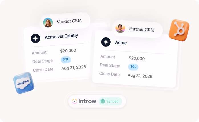 Side-by-side CRM cards showing $20,000 deal amount, SQL deal stage, and Aug 31, 2026 close date synced by Introw.