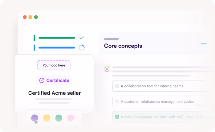 Interface showing a certificate for a certified Acme seller with color options and a core concepts checklist.