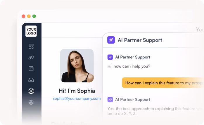 Chat interface showing AI Partner Support assisting Sophia with feature explanation questions.