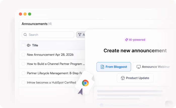User interface showing announcements list and a popup to create a new announcement with AI-powered options.