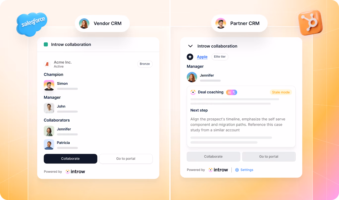 Side-by-side CRM panels for Vendor (Salesforce) and Partner (HubSpot) showing collaboration details and managers.