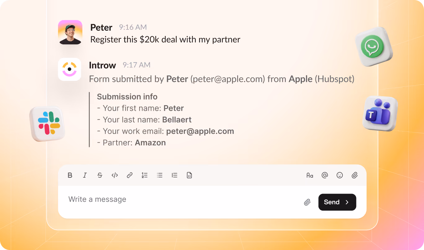 Chat showing Peter registering a $20k deal with partner; form submission details include name, email, and Amazon partner.