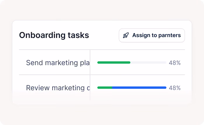 Onboarding tasks list showing two tasks, each 48% complete with green and blue progress bars.