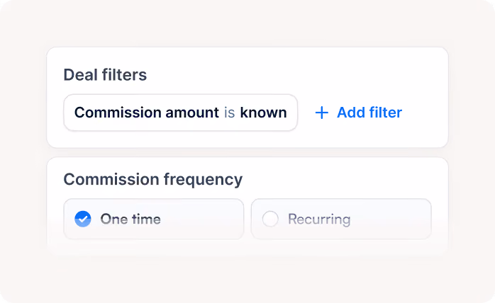 Interface with deal filters: commission amount is known and commission frequency options with one-time selected.