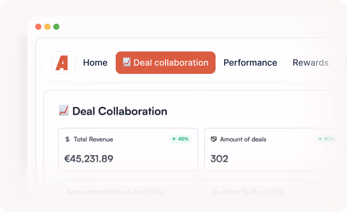 Dashboard showing deal collaboration with total revenue of 45,231.89 euros and 302 deals.