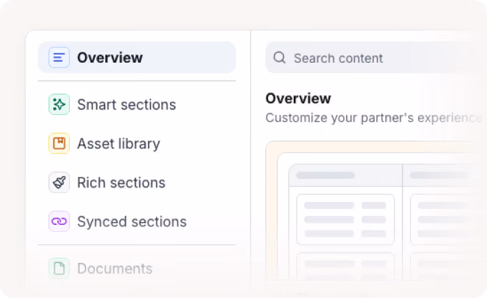 User interface showing a sidebar menu with sections like Smart, Asset, Rich, Synced, and Documents.